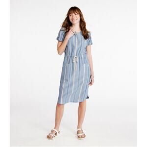 LL Bean Linen Blend Stripe Dress Large Blue Red White Blue Preppy Nautical